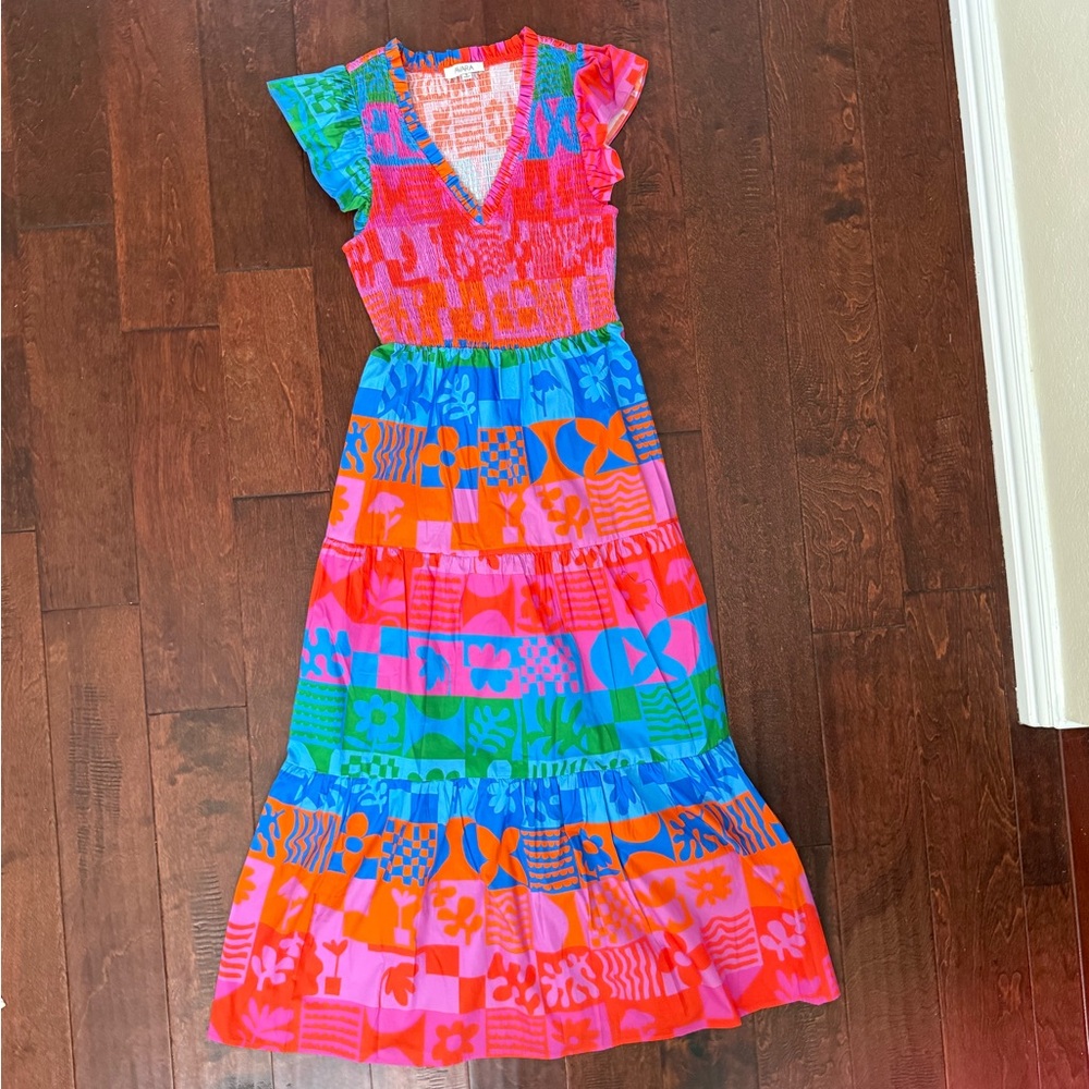 NWOT Colorful Maxi Dress with Ruffle Sleeves